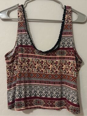 Forever 21 Boho Crop Top Floral Paisley Tank Pom Trim Women’s S